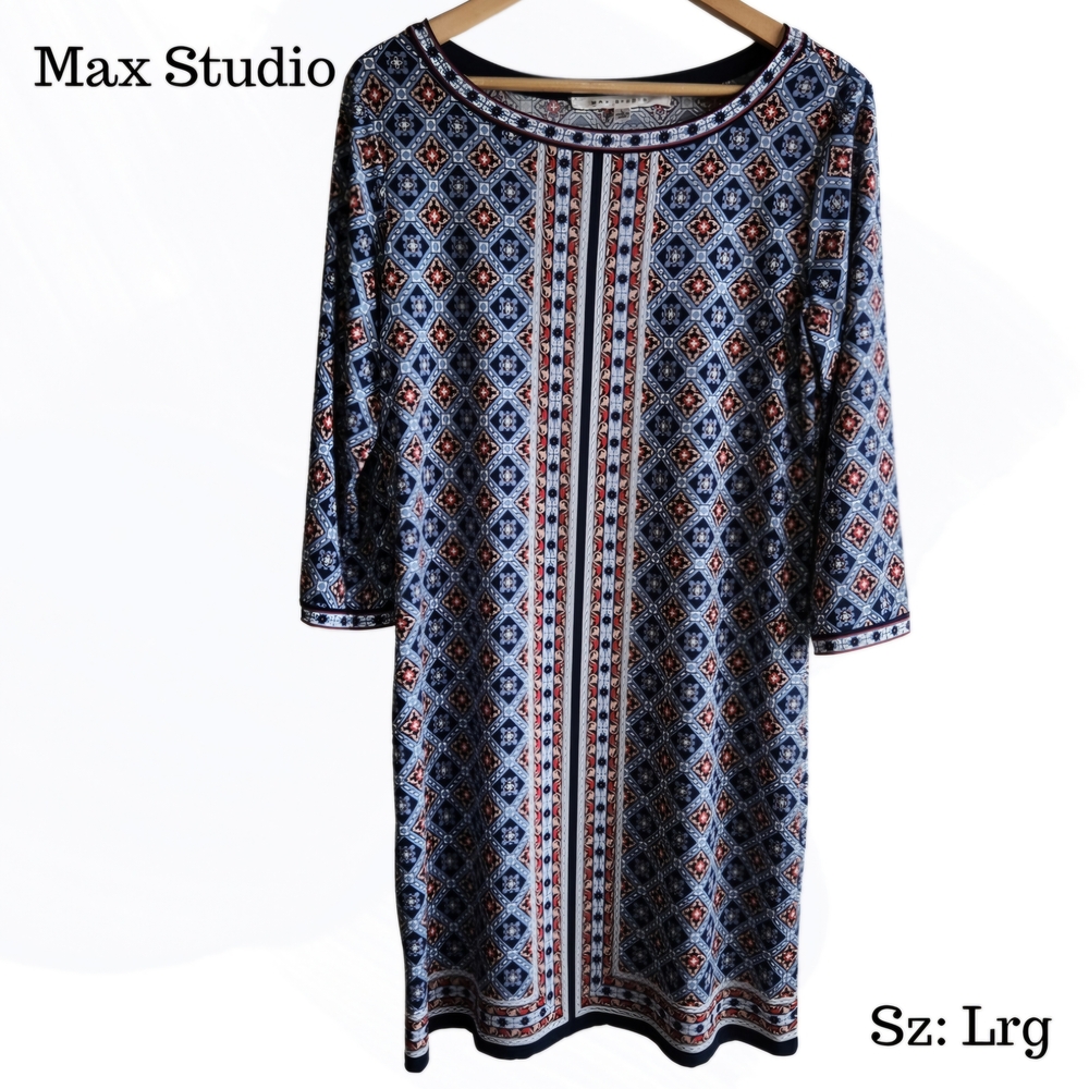 Max‎ Studio Blue & Red Geometric Print Dress | Women's Size Large GUC